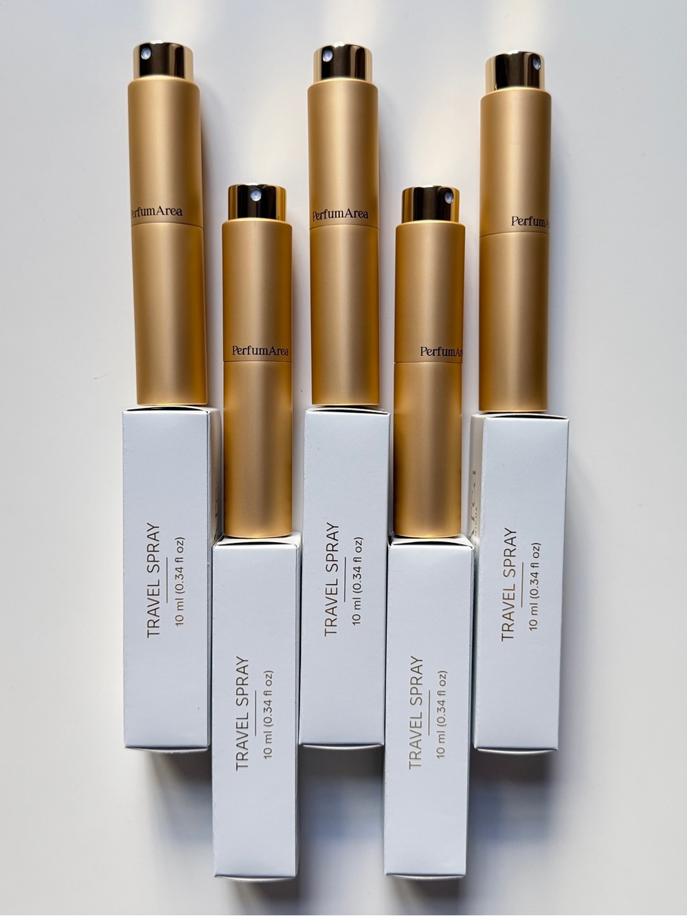 Set of 5 Empty Gold Refillable Perfume Atomizers 10ml/0.34oz Glass+Metal, in box